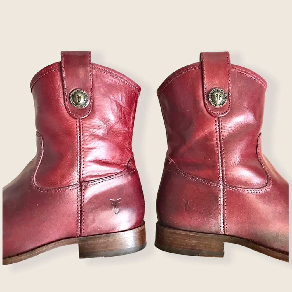 Frye Melissa Button Short Burgundy Italian Leather Pull On Casual Ankle Boots - Picture 12 of 16